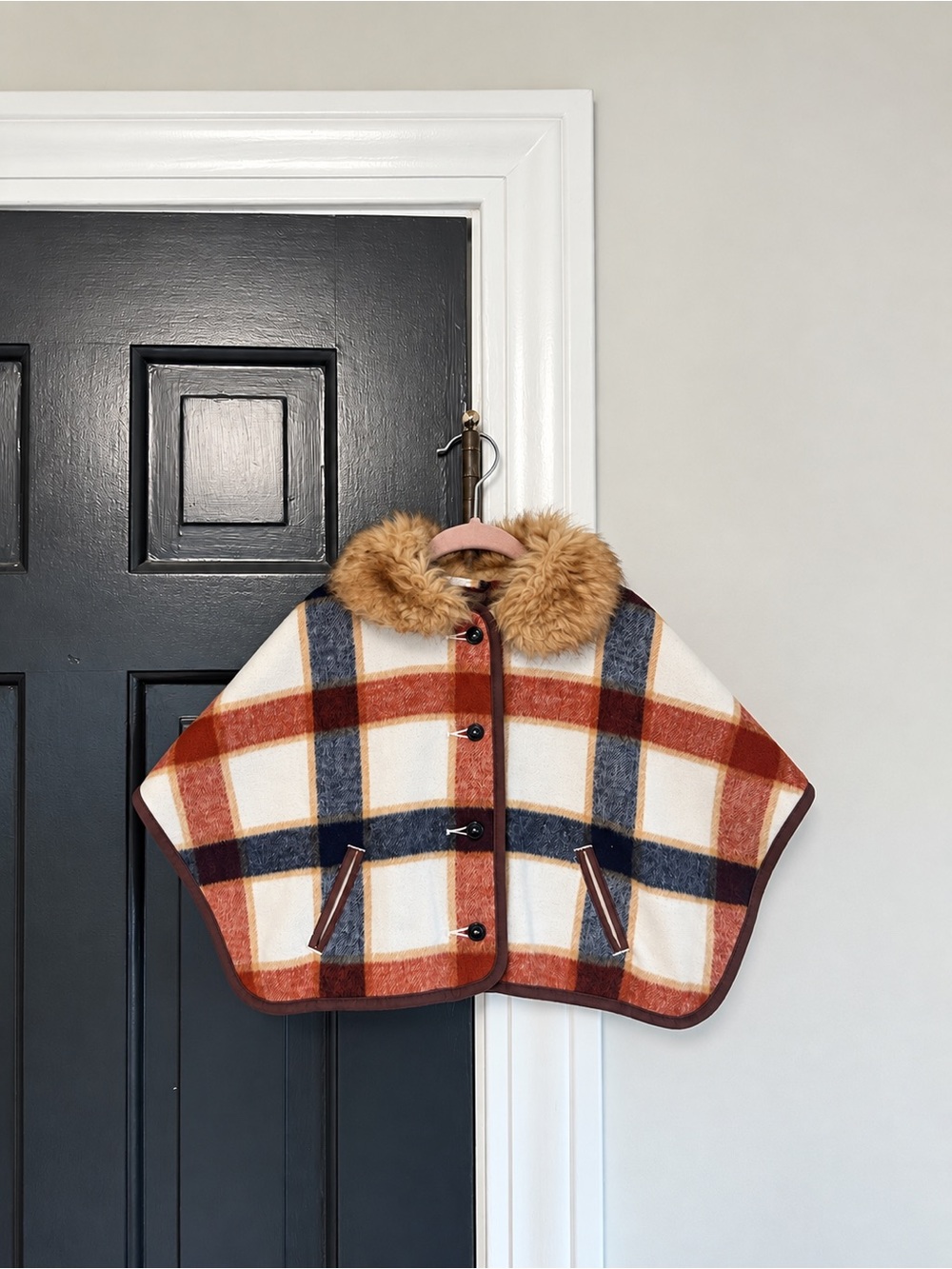 Janie and Jack Baby Girl Plaid Faux Fur Collar Cape Poncho 12-18M